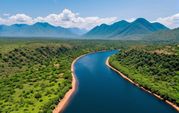 **Drone Photography of Malawi's Natural Landscapes**: Create an aerial view image showcasing the stunning natural beauty of Malawi, including rivers, lakes, and mountains. The scene should capture vibrant colors and diverse landscapes, emphasizing the breathtaking views that can only be seen from above.
