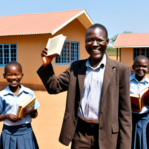 Home 8 **Image Prompt:** A wise Malawian education pioneer, Dr. Bonaya, stands proudly in front of a newly built school in a rural village. Children in school uniforms are joyfully waving books. The scene is bathed in warm African sunlight, symbolizing hope and the power of education.