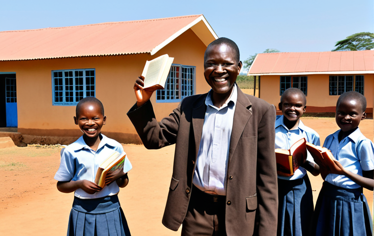 **Image Prompt:** A wise Malawian education pioneer, Dr. Bonaya, stands proudly in front of a newly built school in a rural village. Children in school uniforms are joyfully waving books. The scene is bathed in warm African sunlight, symbolizing hope and the power of education.